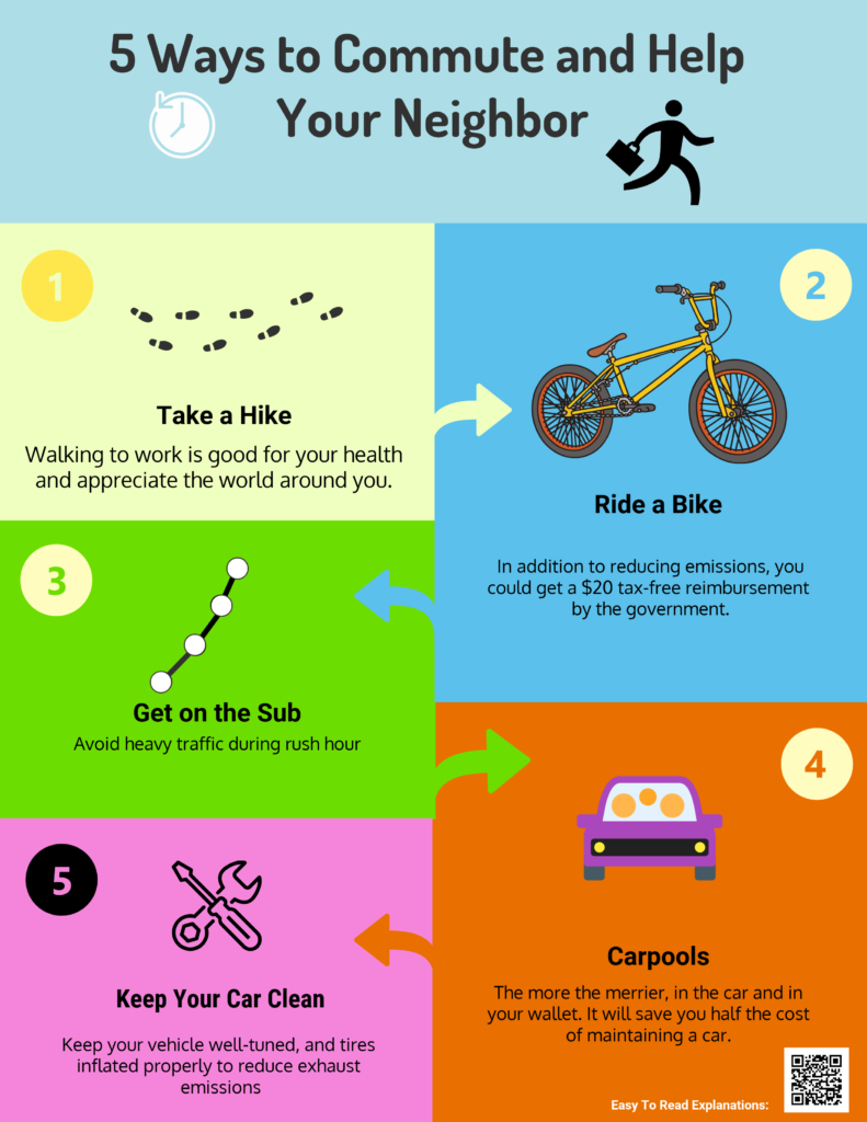 5 Ways to Commute and Help Your Neighbor. Take a Hike! It is good for your health. Ride a Bike! Save Money. Get on the Sub! Avoid heavy traffic during rush hour. Carpools! The more the merrier. Keep Your Car Clean! Reduce exhaust emissions by keeping your vehicle well-tuned.